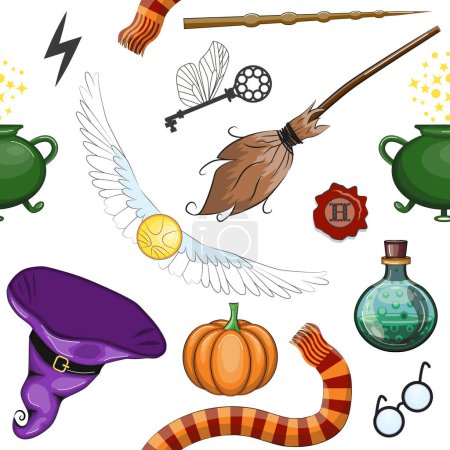 Illustration for Magic items seamless pattern in flat style. School of Magic. Pumpkin, key, magic ball, feather, spider, hat, broom skull snake - Royalty Free Image