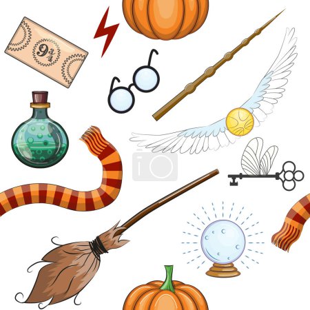 Magic items seamless pattern in flat style. School of Magic. Pumpkin, key, magic ball, feather, spider, hat, broom skull snake
