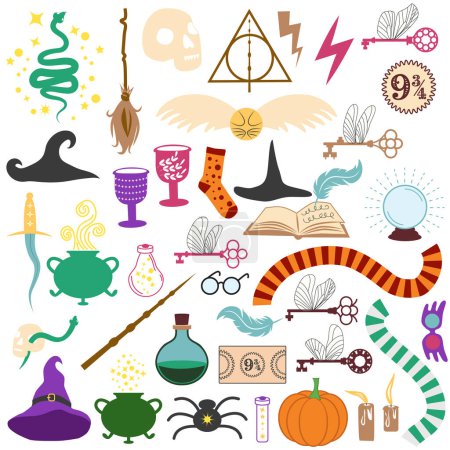 Establecer brujería Halloween y objetos mágicos, activos del juego. Vector poción botella, linterna, cráneo, vela, etc.