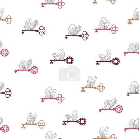 Seamless pattern with magic keys with wings.