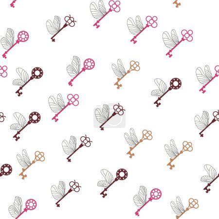 Seamless pattern with magic keys with wings.