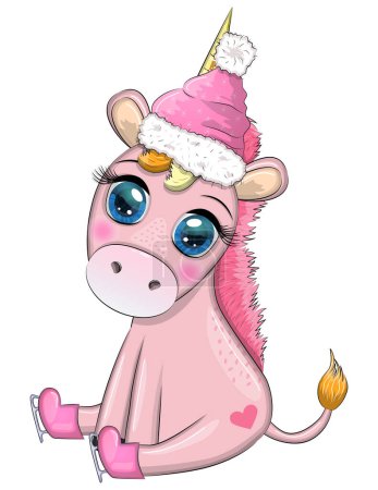 Niedliche Cartoon-Einhorn in Weihnachtsmann-Hut mit Geschenk, Weihnachtskugel, Süßigkeiten kane. Neujahr und Weihnachten.