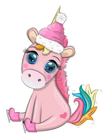 Lindo unicornio de dibujos animados en sombrero de santa con regalo, bola de Navidad, caramelo kane. Año Nuevo y vacaciones de Navidad.