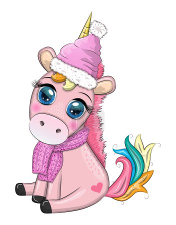 Cute cartoon unicorn in santa hat with gift, christmas ball, candy kane. New Year and Christmas holiday.