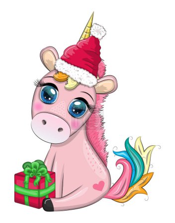 Mignon dessin animé licorne en santa chapeau avec cadeau, boule de Noël, bonbons kane. Nouvel An et vacances de Noël.