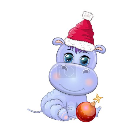 Niedliche Cartoon-Nilpferd in Weihnachtsmütze mit Geschenk, Weihnachtskugel und Zuckerrohr. Neujahr und Weihnachten.