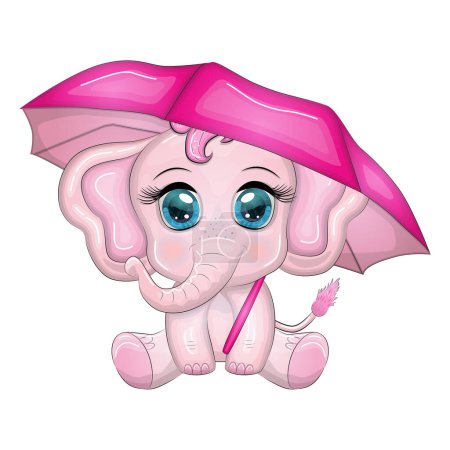 Lindo elefante de dibujos animados, personaje infantil con hermosos ojos con paraguas, otoño.