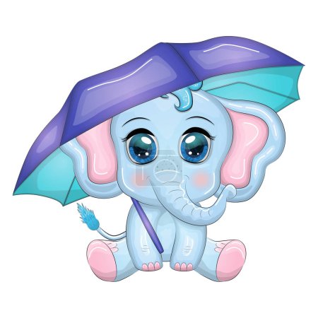 Netter Cartoon-Elefant, kindliche Figur mit schönen Augen mit Regenschirm, Herbst.