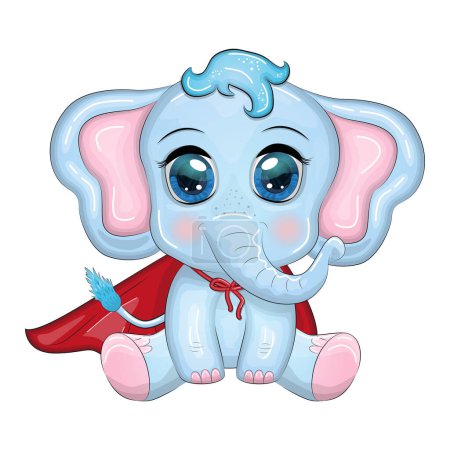 Lindo elefante de dibujos animados, personaje infantil en capa roja súper héroe.