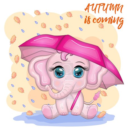 Cute cartoon elephant, childish character with beautiful eyes with umbrella, autumn.