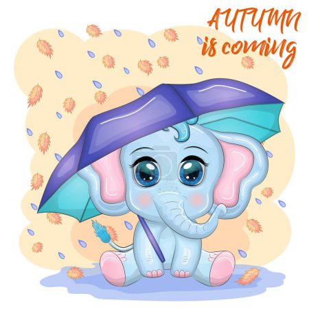 Netter Cartoon-Elefant, kindliche Figur mit schönen Augen mit Regenschirm, Herbst.