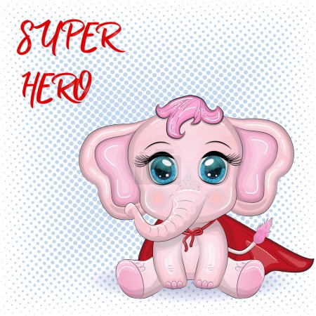 Cute cartoon elephant, childish character in super hero red cape.