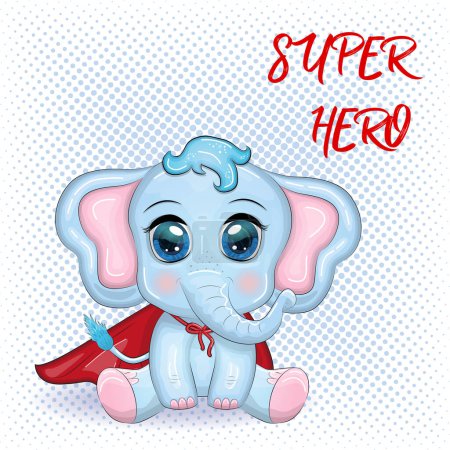 Lindo elefante de dibujos animados, personaje infantil en capa roja súper héroe.