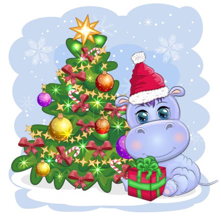 Cute cartoon hippo in Santa hat with gift, Christmas ball and candy cane. New Year and Christmas holiday