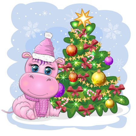 Mignon hippopotame dessin animé dans le chapeau de Père Noël avec cadeau, boule de Noël et canne à bonbons. Nouvel An et vacances de Noël