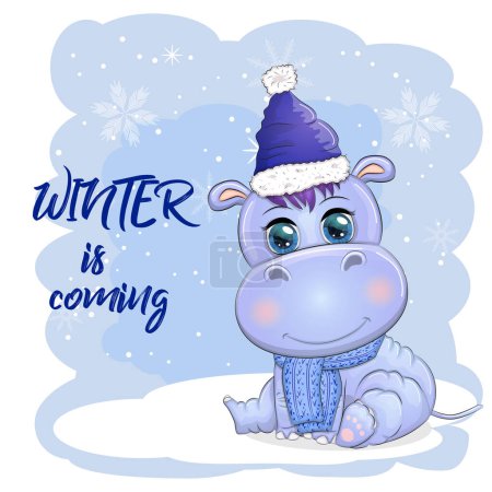 Lindo hipopótamo de dibujos animados en Santa sombrero con regalo, bola de Navidad y bastón de caramelo. Año Nuevo y vacaciones de Navidad