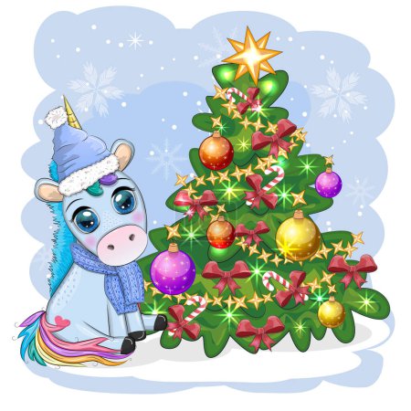 Lindo unicornio de dibujos animados en sombrero de santa cerca del árbol de Navidad con regalos, bolas. Tarjeta de felicitación de Año Nuevo y Navidad