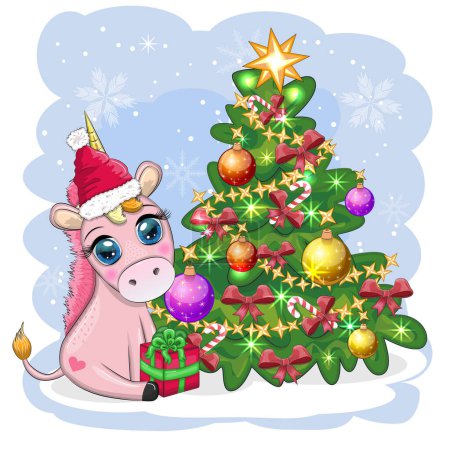 Lindo unicornio de dibujos animados en sombrero de santa cerca del árbol de Navidad con regalos, bolas. Tarjeta de felicitación de Año Nuevo y Navidad