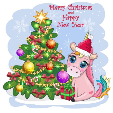 Mignon dessin animé licorne en santa chapeau près de l'arbre de Noël avec des cadeaux, des boules. Nouvel An et carte de voeux de Noël