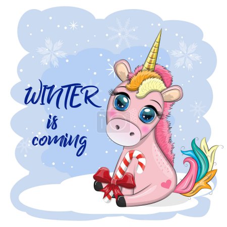 Cute cartoon unicorn in santa hat with gift, christmas ball, candy kane. New Year and Christmas holiday.