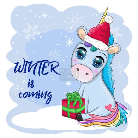 Lindo unicornio de dibujos animados en sombrero de santa con regalo, bola de Navidad, caramelo kane. Año Nuevo y vacaciones de Navidad.