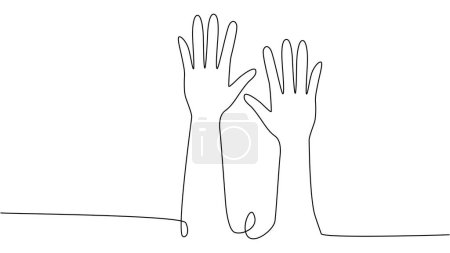 continuous single line drawing of a group of hands raised up. The concept of voting, elections, business team work