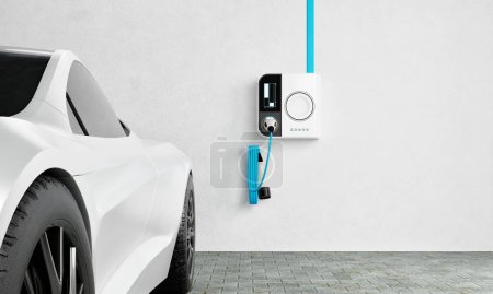Photo for High-speed charging station for electric vehicles at home garage with blue energy battery charger. Fuel power and transportation industry concept. 3D illustration rendering - Royalty Free Image