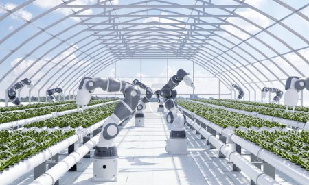 Smart farm with robot hands growing and harvesting vegetables in greenhouse with sky background. Innovative technology and agriculture concept. 3D illustration rendering