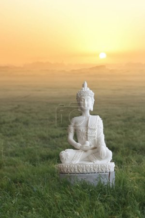 Téléchargez les photos : Budddha paisible dans un cadre naturel à un beau lever de soleil - en image libre de droit