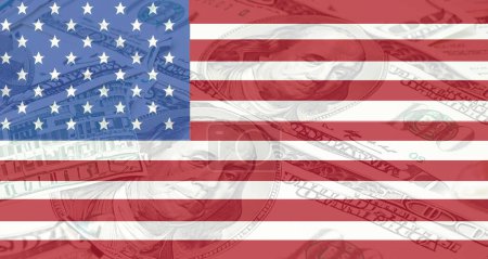 Téléchargez les photos : Richesse symbolisée par un billet de cent dollars superposé avec le drapeau des États-Unis d'Amérique - en image libre de droit