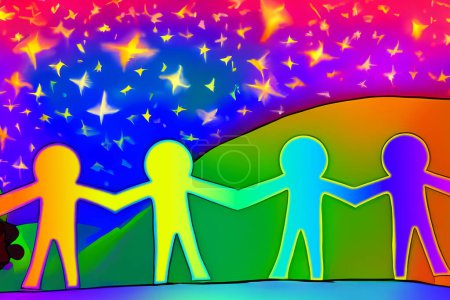 Téléchargez les photos : Gay lesbienne transgenre personnes illustration avec personnes dans arc-en-ciel couleurs avec étoiles dans l 'backround - en image libre de droit