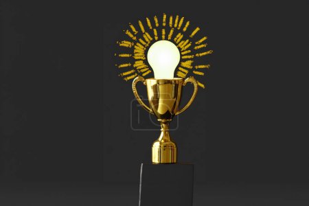 Photo for Gold trophy with a radiant light bulb showing a winning idea - Royalty Free Image