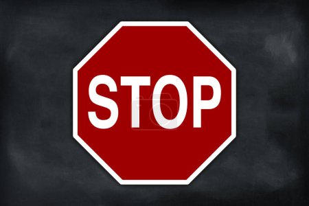 Photo for Red color stop sign on black chalkboard with empty space for text around. - Royalty Free Image