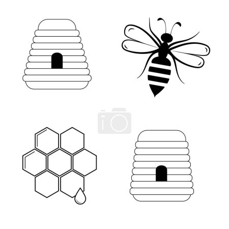 Foto de Colmenas de abejas, panales, células de hexágono, abeja miel con picadura, delineado símbolo icono de estilo plano. Dibujos conceptuales de diseño vectorial aislados sobre fondo blanco. - Imagen libre de derechos