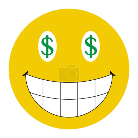 Foto de Icono de cara feliz con signo de dólar verde en los ojos, diseño de vectores de color amarillo, estilo plano, objeto de elemento de la cara sonriente, concepto de ganancia de dinero divertido aislado en fondo blanco. - Imagen libre de derechos