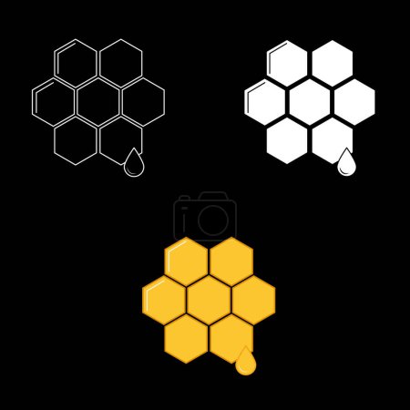 Foto de Honeycoms, células hexágono, panales estilo plano icono de vector símbolo en negro, blanco o amarillo colores. Signo de ilustración símbolos aislados sobre fondo negro. - Imagen libre de derechos