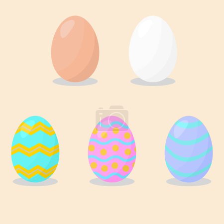 Foto de Huevos de Pascua, conjunto de colorido, lindo y hermoso diseño de Pascua y huevos normales. Estilo plano vector ilustración objetos aislados en color crema, fondo beige. - Imagen libre de derechos