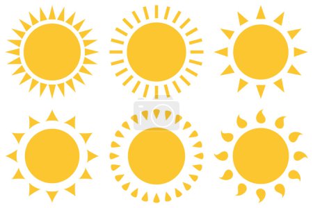 Foto de Conjunto de iconos de sol amarillo, diseño de vector de verano caliente de estilo plano. Luz del sol, cálido, naturaleza, cielo símbolos de ilustración de objetos aislados sobre fondo blanco. - Imagen libre de derechos