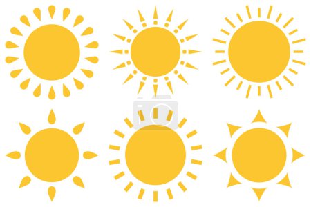 Foto de Conjunto de iconos del sol, color amarillo caliente, cálido verano soleado diseño de vectores de estilo plano. Luz solar, naturaleza, cielo objeto ilustración símbolo gráfico aislado sobre fondo blanco. - Imagen libre de derechos