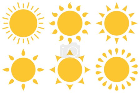 Foto de Conjunto de iconos de sol amarillo, diseño de vector de verano caliente de estilo plano. Luz del sol, cálido, naturaleza, cielo símbolos de ilustración de objetos aislados sobre fondo blanco. - Imagen libre de derechos