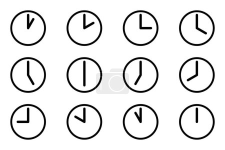 Foto de Conjunto de iconos de reloj de círculo analógico, cada hora estilo plano línea de color negro simple con esfera de reloj de relleno blanco. Ilustración de vector de visualización de reloj de una a doce horas aislada sobre fondo blanco. - Imagen libre de derechos