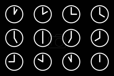Foto de Conjunto de iconos de reloj de círculo analógico, cada hora estilo plano simple línea de color blanco sin esfera de reloj de relleno. Ilustración de vector de visualización de reloj de una a doce horas aislada sobre fondo oscuro. - Imagen libre de derechos