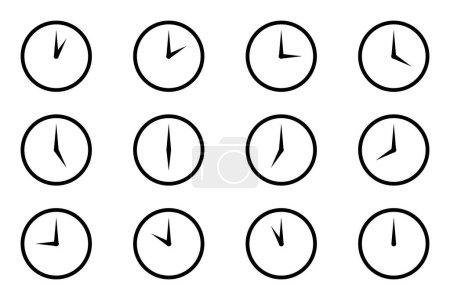 Foto de Conjunto de iconos de reloj de círculo analógico, cada hora de tiempo estilo plano simple color negro con esfera de reloj de línea de llenado blanco. Ilustración de vector de visualización de reloj de una a doce horas aislada sobre fondo blanco. - Imagen libre de derechos