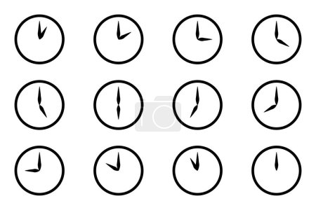 Foto de Conjunto de iconos de reloj de círculo analógico, cada hora estilo plano de color negro simple sin esfera de reloj de línea de llenado. Ilustración de vector de visualización de reloj de una a doce horas aislada sobre fondo blanco. - Imagen libre de derechos