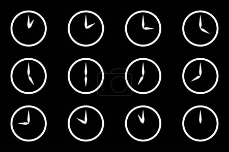 Foto de Conjunto de iconos de reloj de círculo analógico, cada hora estilo plano simple línea de color blanco sin esfera de reloj de relleno. Ilustración de vector de visualización de reloj de una a doce horas aislada sobre fondo oscuro. - Imagen libre de derechos