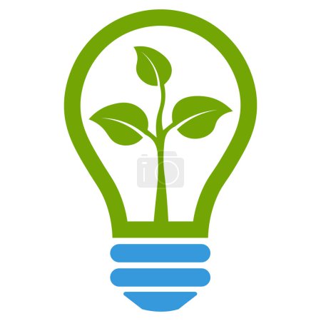 Foto de Bombilla de luz, verde y azul de color ecológico icono de energía con hoja. Concepto de logotipo sostenible, renovable, de energía verde y fuentes respetuosas con el medio ambiente gráfico, aislado sobre fondo blanco. - Imagen libre de derechos