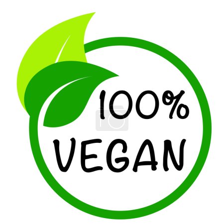 Foto de 100 por ciento vegano vector icono logotipo con hoja, estilo plano simple color verde círculo diseño símbolo ilustración. Insignia, sello o sello para comida vegetariana, natural y saludable aislada en blanco. - Imagen libre de derechos