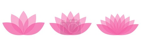 Foto de Conjunto de símbolo de flor de loto, estilo plano rosa vector de color objeto icono. Etiqueta floral con cinco pétalos, bienestar, salud e industria del yoga o logo de meditación, aislado sobre fondo blanco. - Imagen libre de derechos