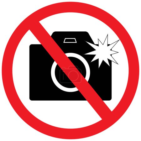 Pas d'appareil photo flash autorisé signe, pas de photographie ou de photographie, signe d'interdiction en rouge symbole vectoriel de couleur. Illustration en cercle barrée, pas de prise de photos ou de conception graphique vidéo isolée.