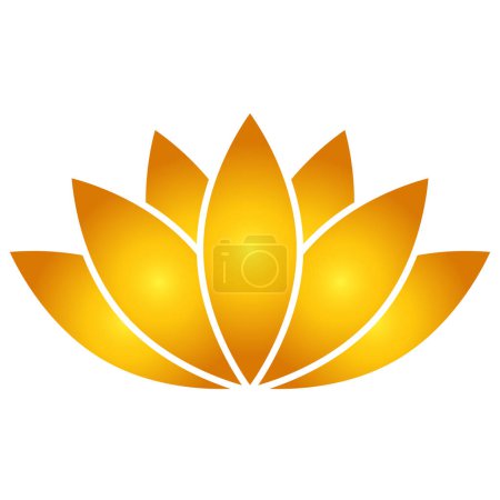 Foto de Icono de flor de loto, objeto de símbolo vectorial de color dorado de estilo plano. Etiqueta floral de siete pétalos, yoga, industria del bienestar, logotipo de meditación. Aislado sobre fondo blanco. - Imagen libre de derechos